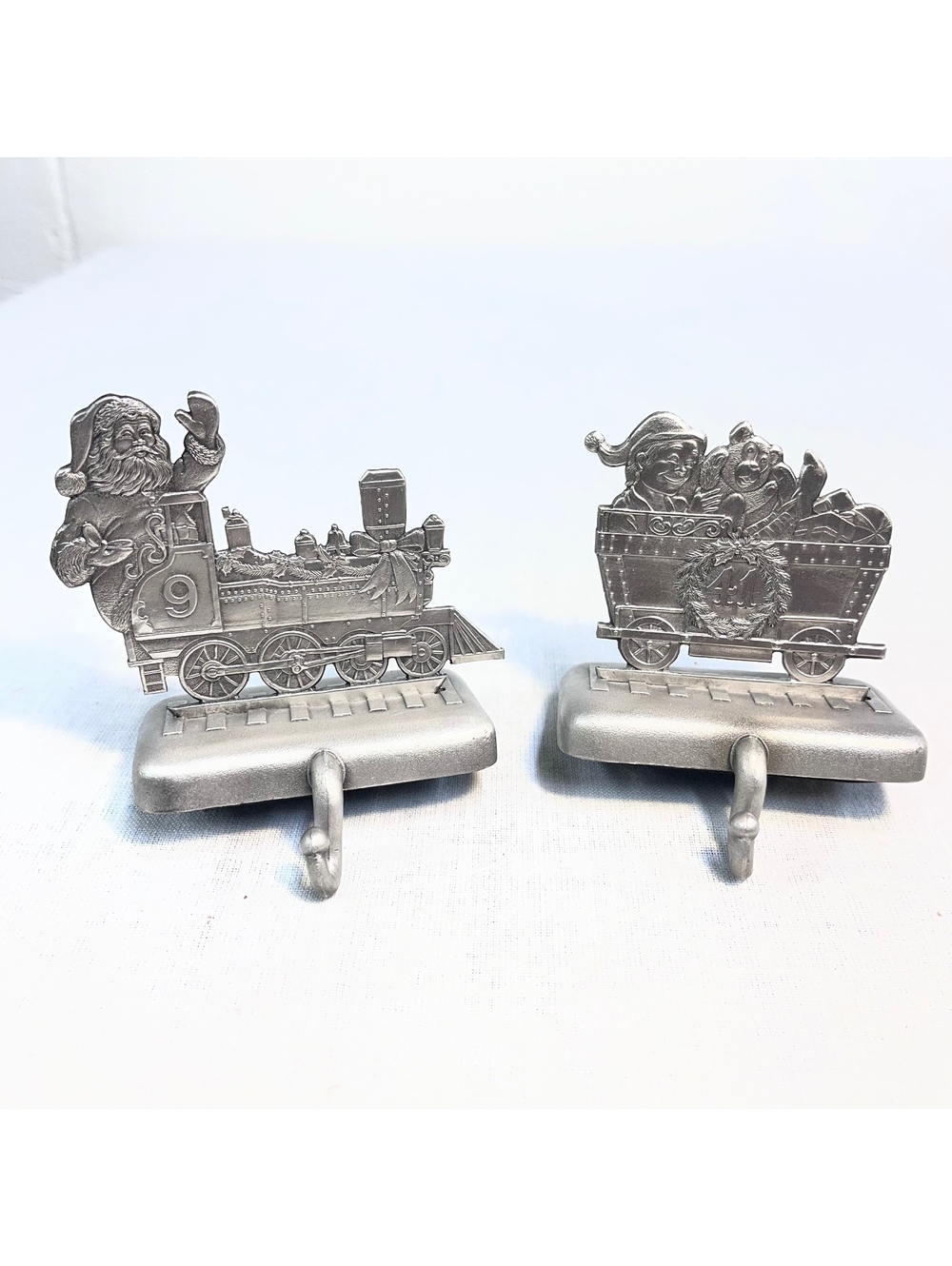 Santa in Train and Elf Coal Car Vintage Pewter Christmas Stocking Holders 1994